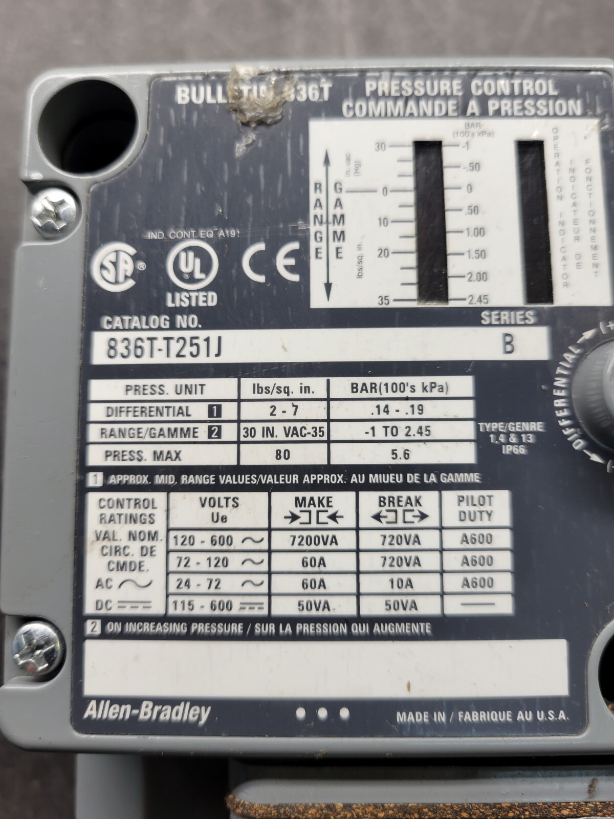 Allen Bradley 836T-T251J Pressure Control