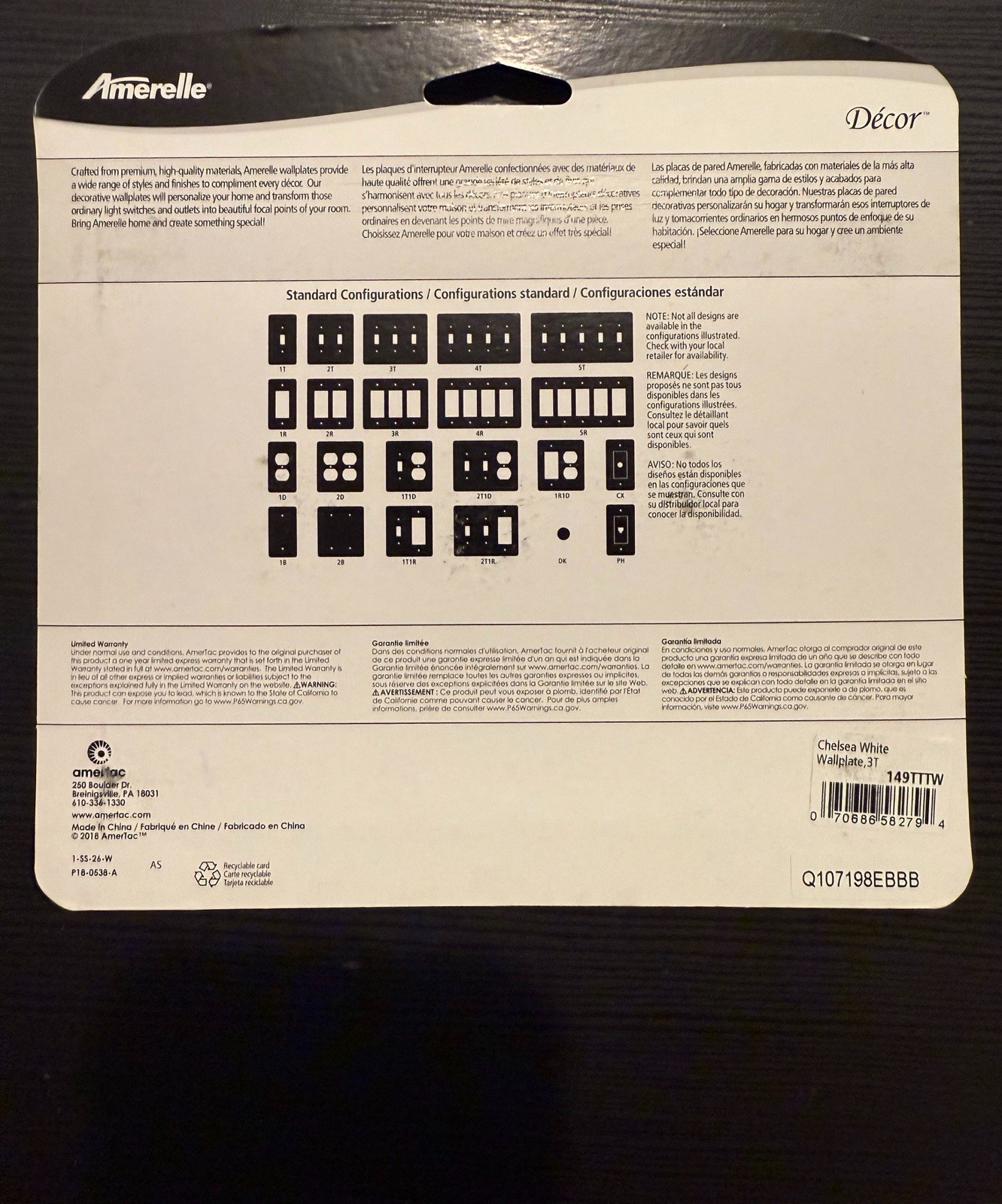 4 PACK – Amerelle 149TTTW Chelsea White 3-Gang Steel Triple Toggle Wall Plate