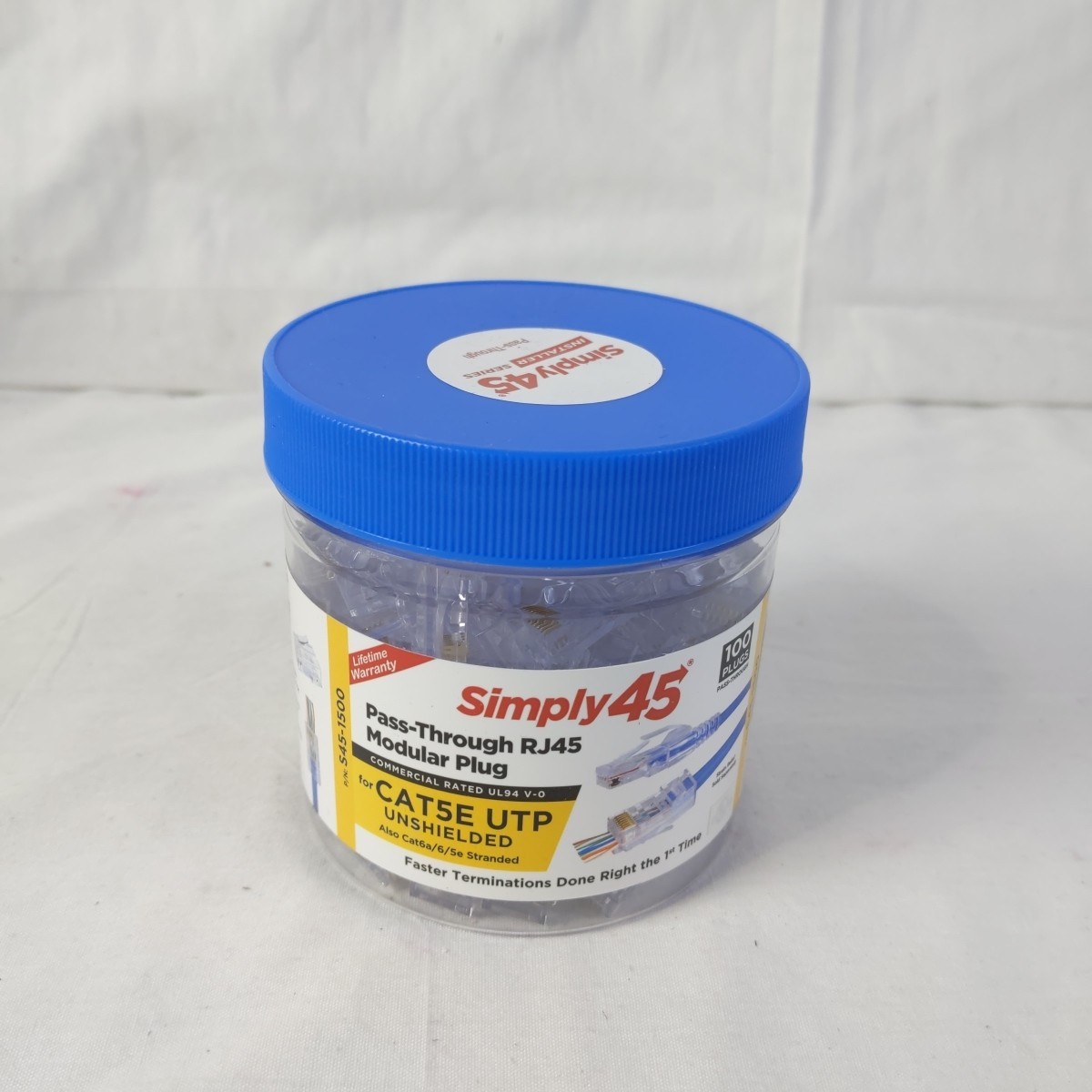 Simply45 S45-1500 Cat5E Unshielded Pass-Through RJ45 Modular Plugs 100 pc/Jar
