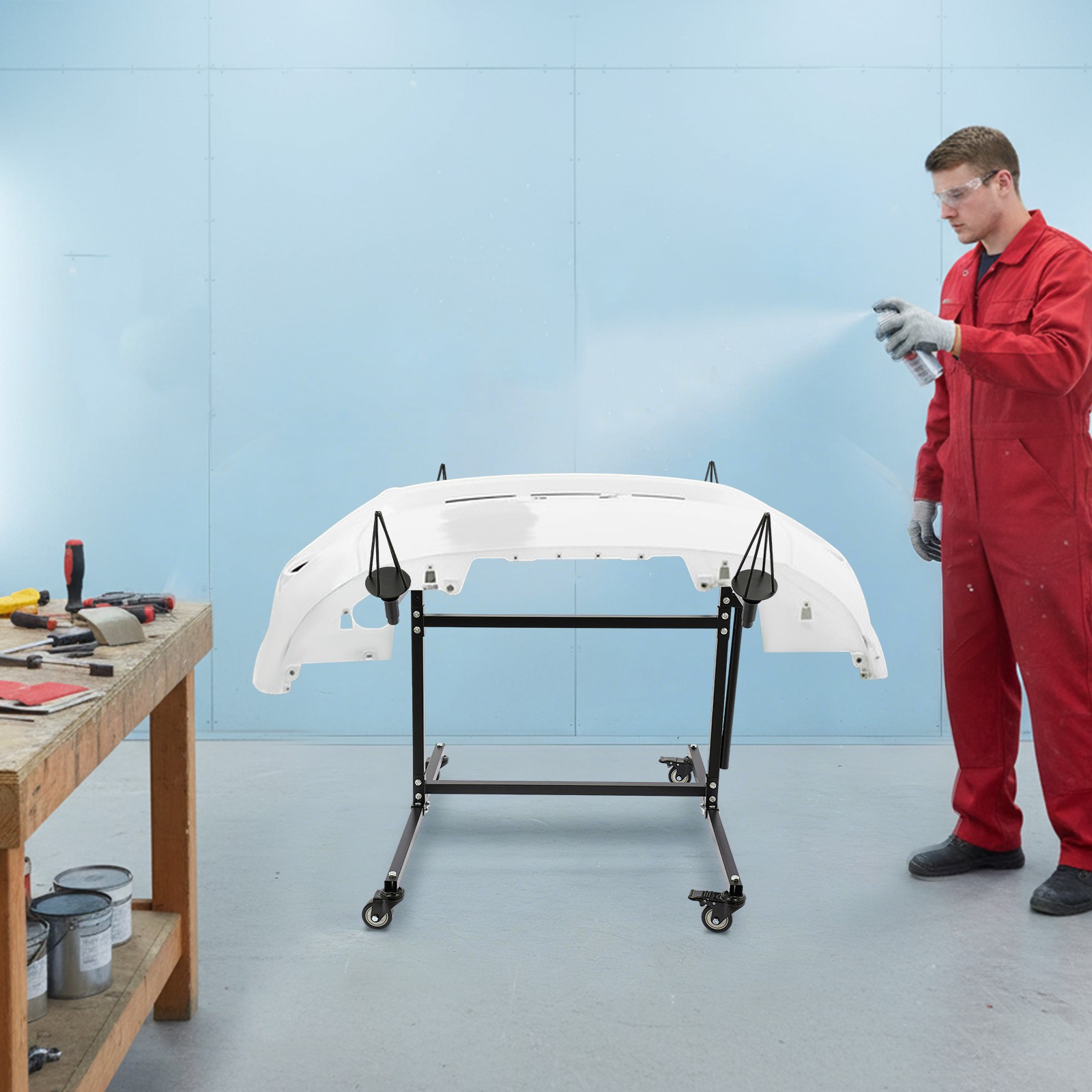 F02 Rotating Wheel Paint Stand Rack 300lbs Capacity Tilted With 4 Swivel Casters