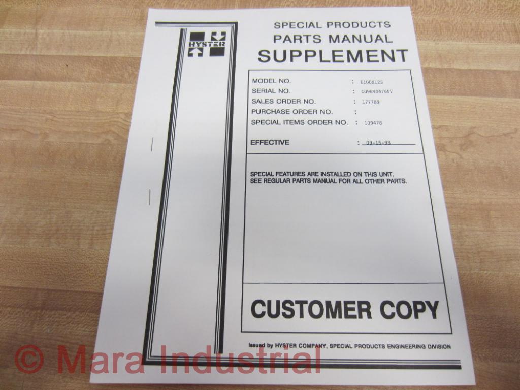 Hyster E100XL2S Special Products Parts Manual Customer Copy Hy-E100XL2S (Pack of
