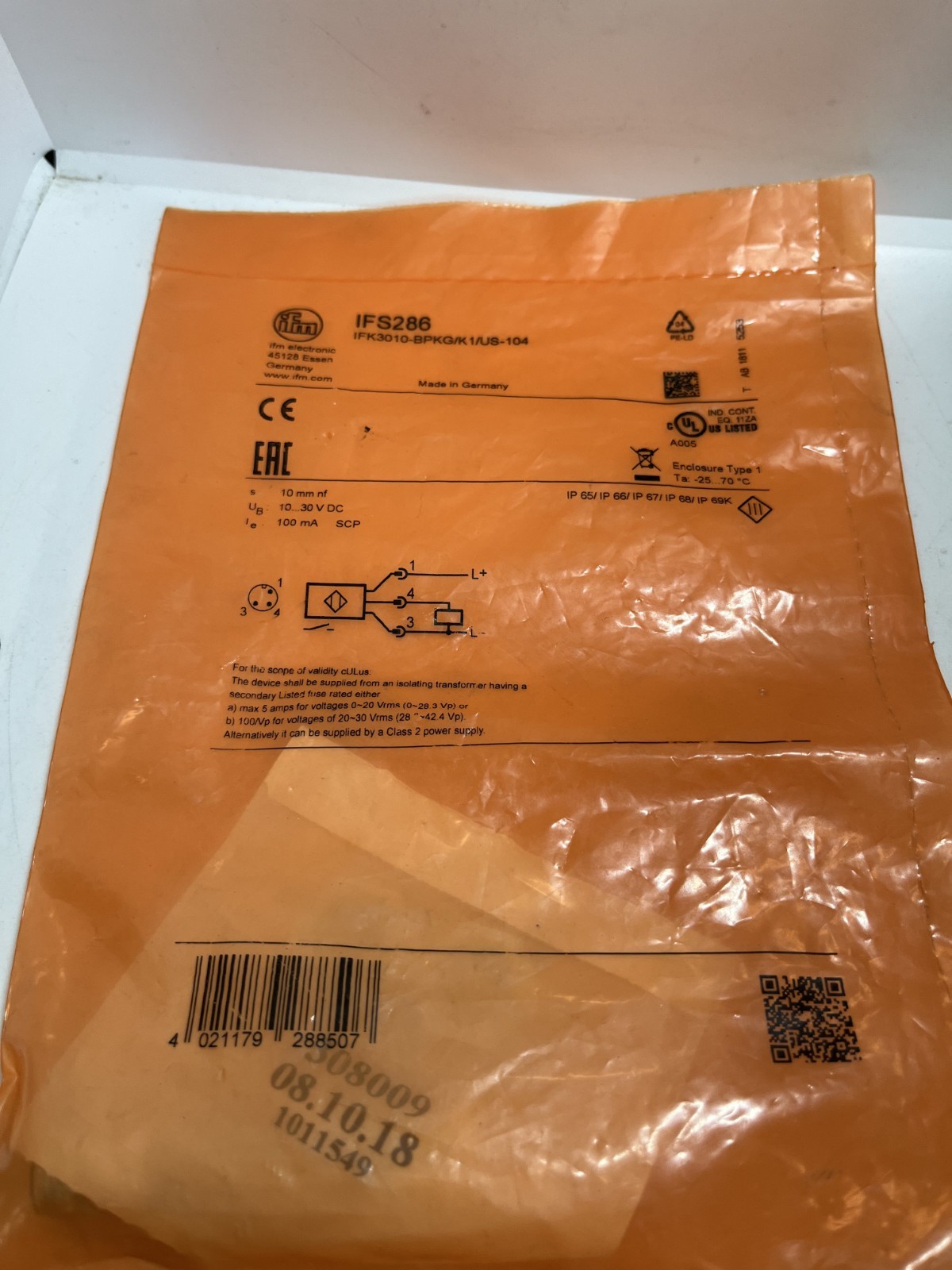 IFM IFK3010-BPKG/K1/US-104 INDUCTIVE SENSOR (IFS286) 10MM SEN 10-30VDC 100MA NIB