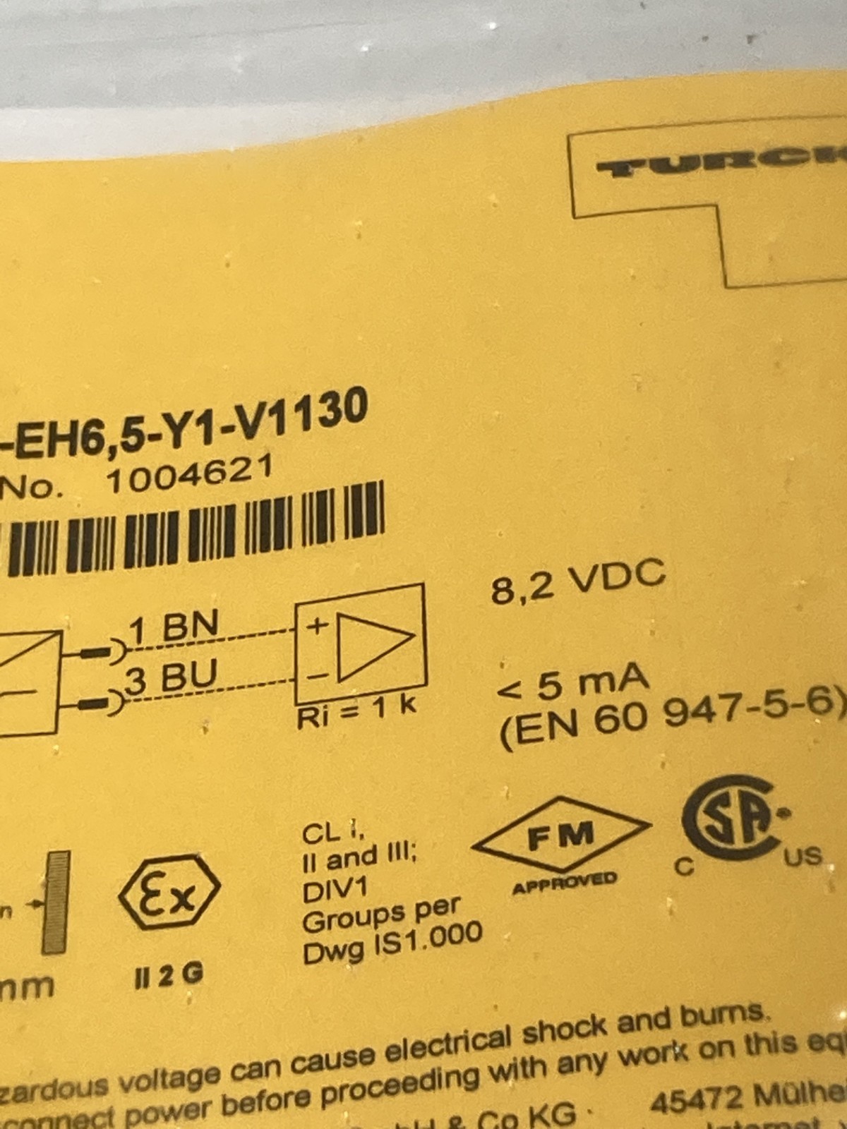 TURCK BI1,5-EH6,5-Y1-V1130 INDUCTIVE SENSOR 1004621 8.2VDC 5MA 1.5MM SN NIB