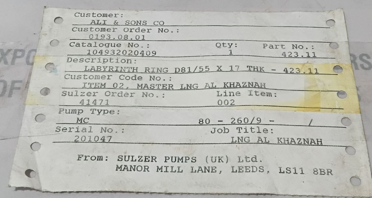 John Crane 423.11 Labyrinth Oil Seal JM LSM-0550-0810 for MC80-260/9 Sulzer Pump