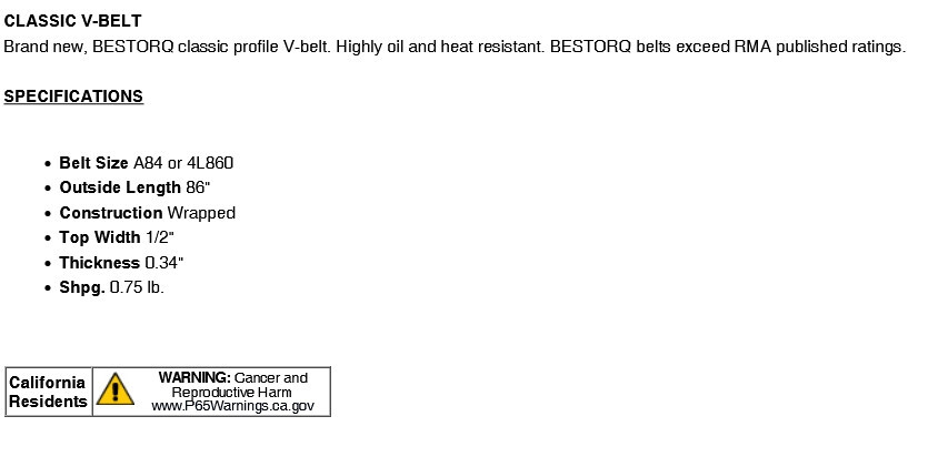 1 NEW BESTORQ A84 4L860 86″ CLASSIC PROFILE WRAPPED V-BELT NNB ***MAKE OFFER***