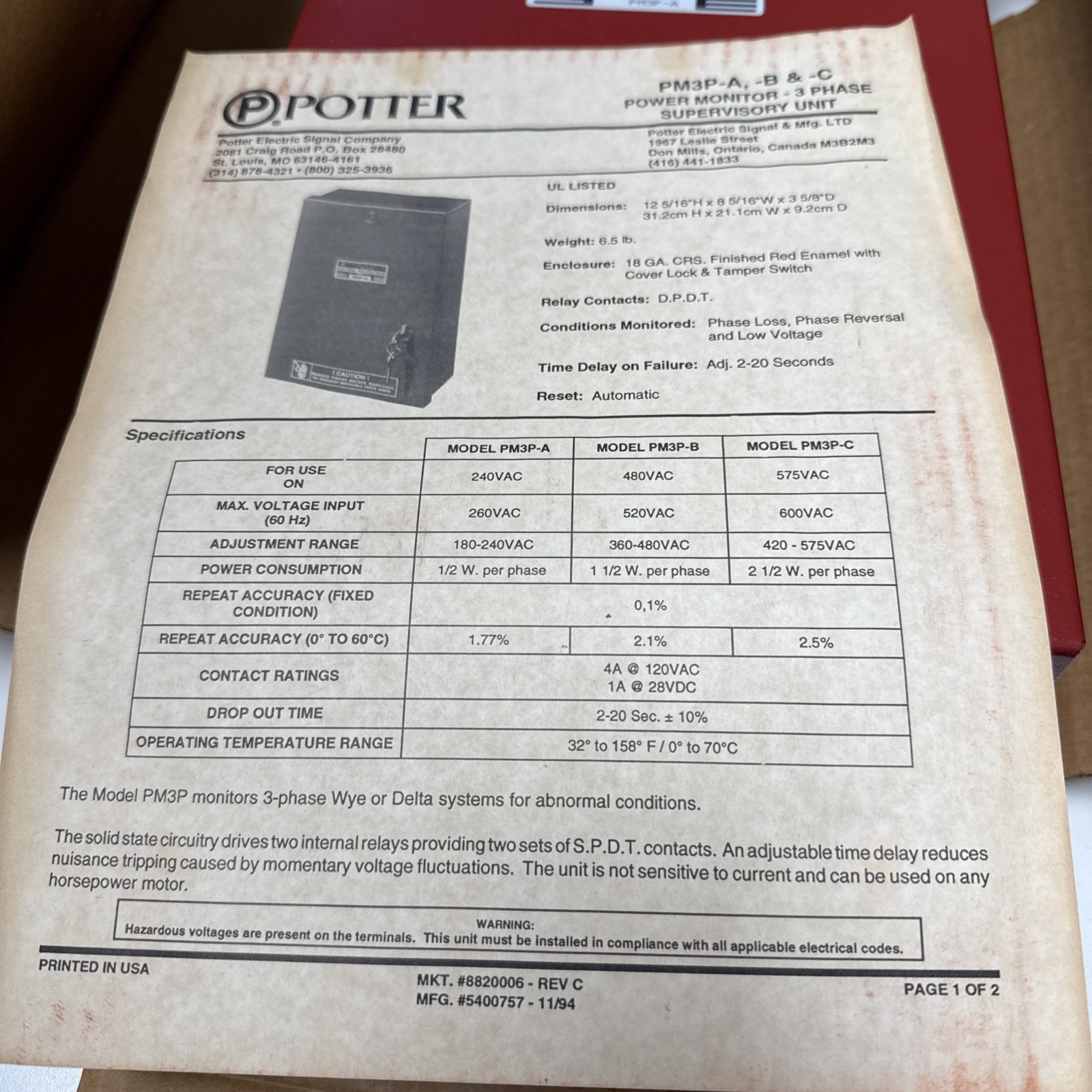 Potter PM3P-A Power Monitor 240V 60hz 1/2 w per phase 3 Phase supervisory Unit