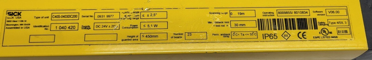 NEW SICK C40S-0403DC200 C 4000 SAFETY LIGHT CURTAIN SENDER, 1 040 420