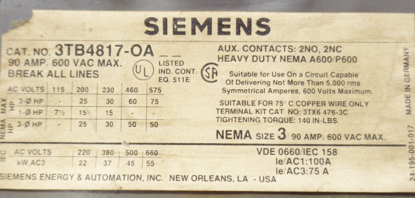 SIEMENS 3TB4817-OA SIZE 3 STARTER 90AMP 600VAC W/ 3TY6 485-0AF8 24V 60HZ COIL