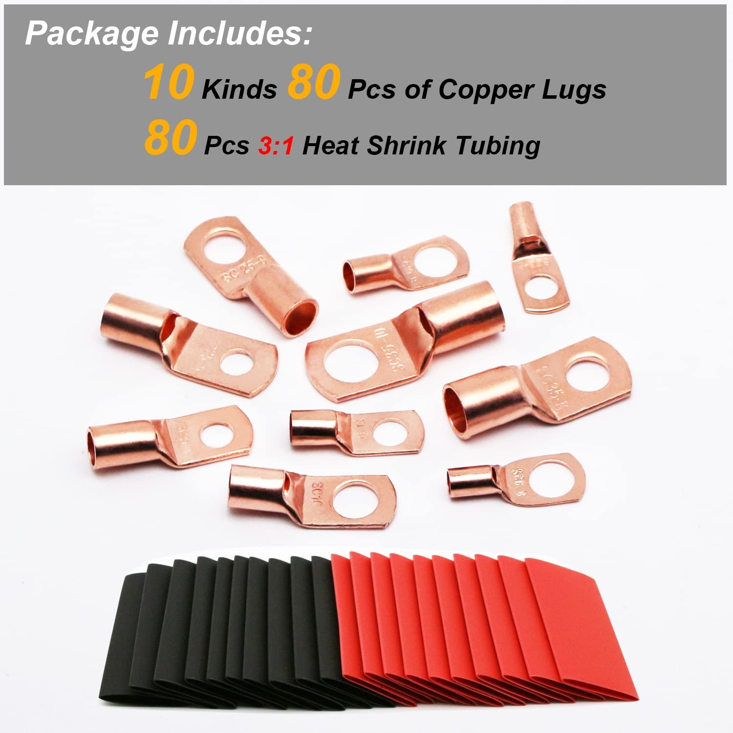 160Pcs Copper Wire Lugs AWG 2 4 6 8 10 12 Kit Battery Cable Ends Ring Terminals