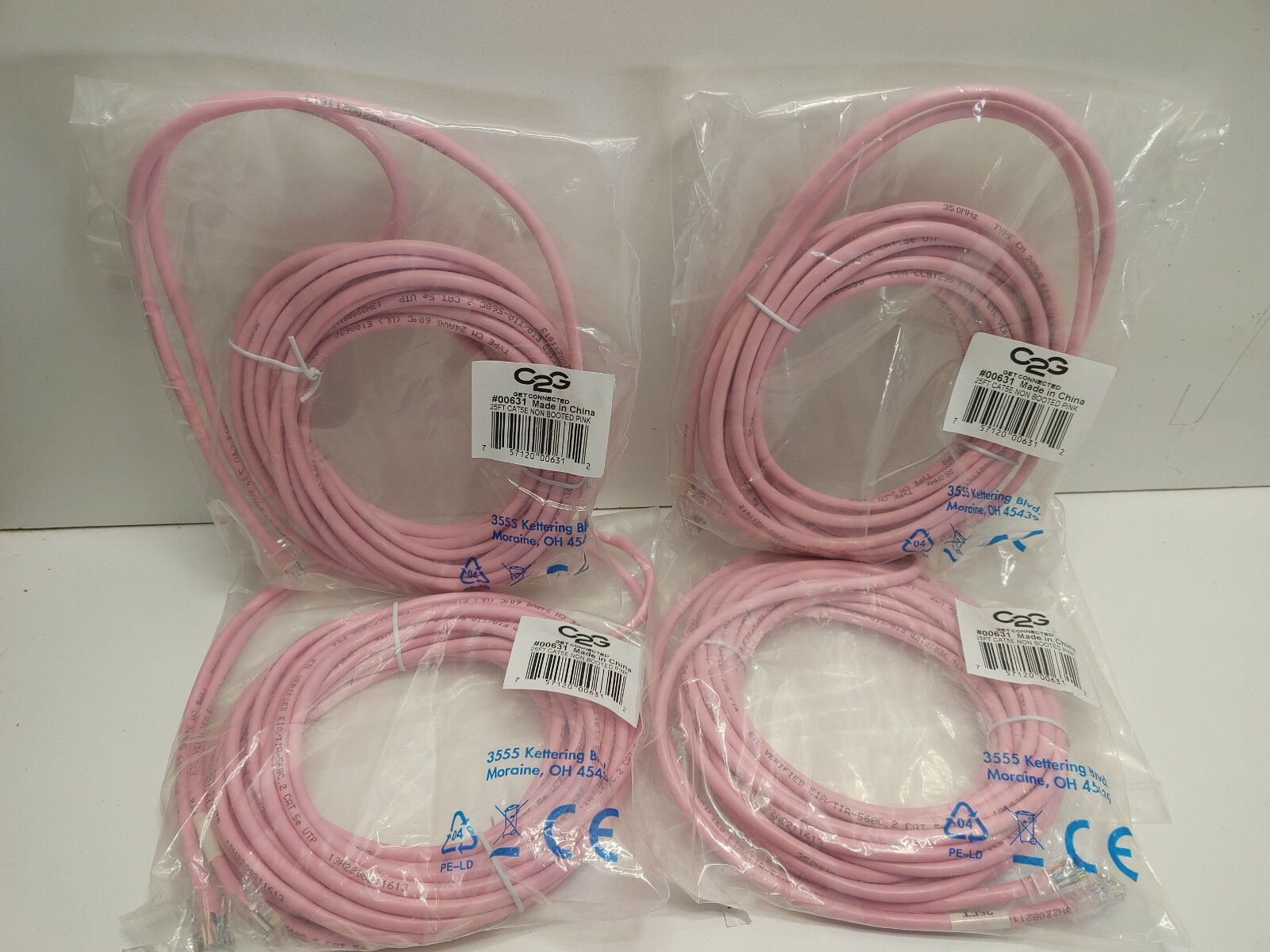 LOT OF 4 NEW OLD STOCK! C2G 25FT NON BOOTED PINK CAT5E PATCH CORDS #00631