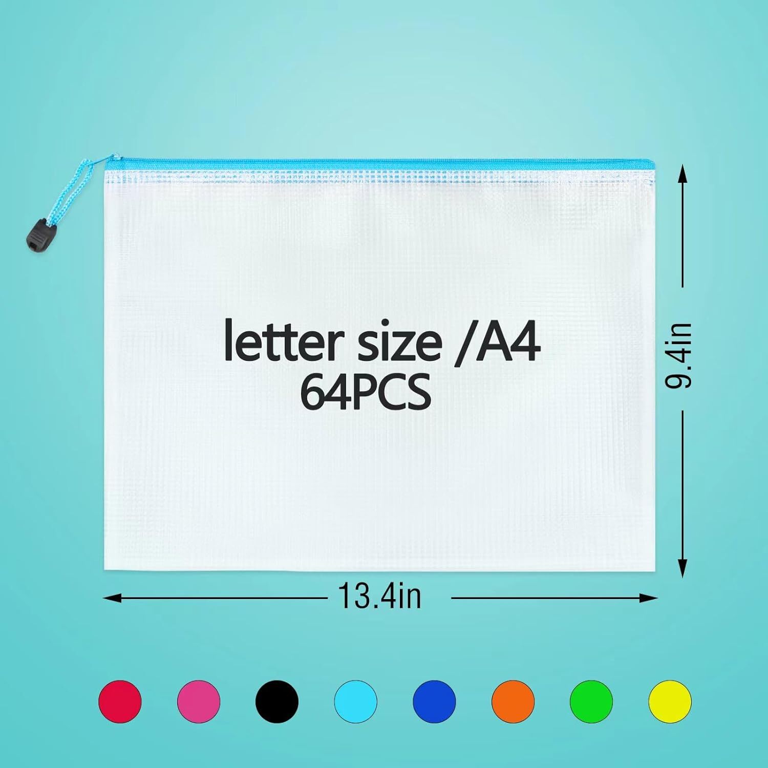 64pcs A4 Mesh Zipper Pouch Bags, Red, Purple, Blue, Green, Orange, Yellow