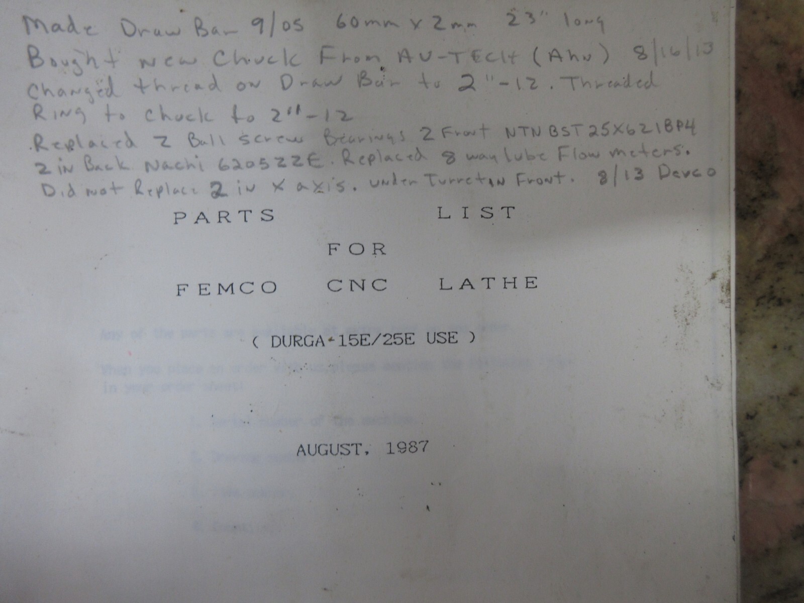 FEMCO 25E 15E CNC LATHE OPERATORS MANUAL MS WORKS DURGA 15E/25E AUGUST 1987