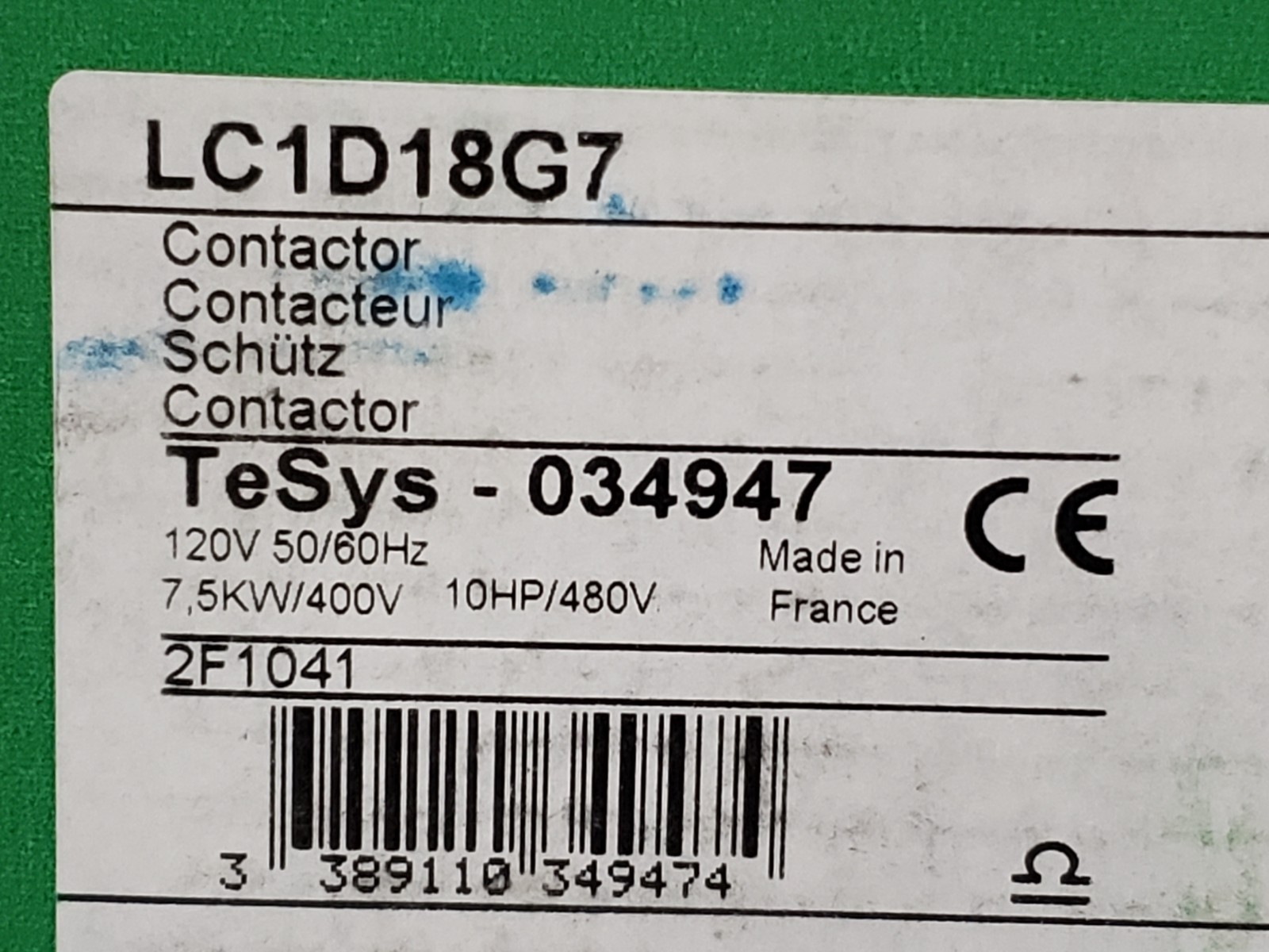 SCHNEIDER ELECTRIC LC1D18G7 CONTACTOR 3 POLE 120V 50/60HZ NIB