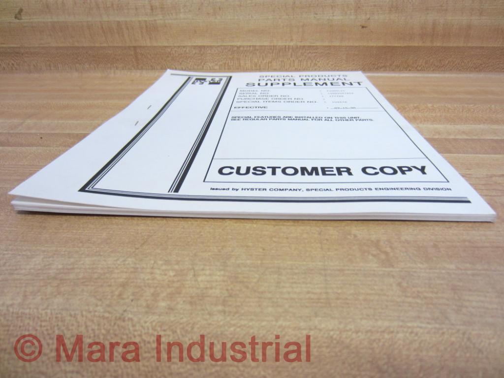 Hyster E100XL2S Special Products Parts Manual Customer Copy Hy-E100XL2S (Pack of