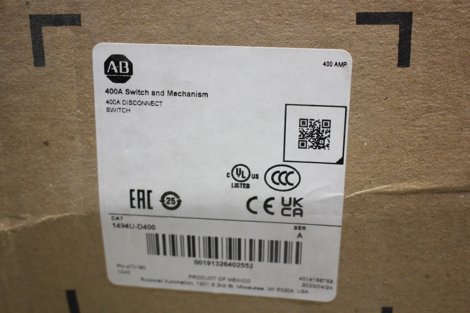 NEW ALLEN BRADLEY 400A DISCONNECT SWITCH 1494U-D400 SER. A
