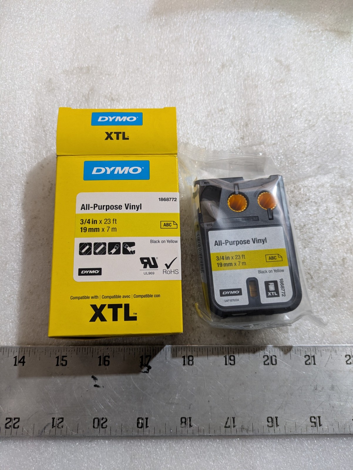 DYMO 1868772 All-Purpose Vinyl Label Tape 3/4in x 23ft Black on Yellow