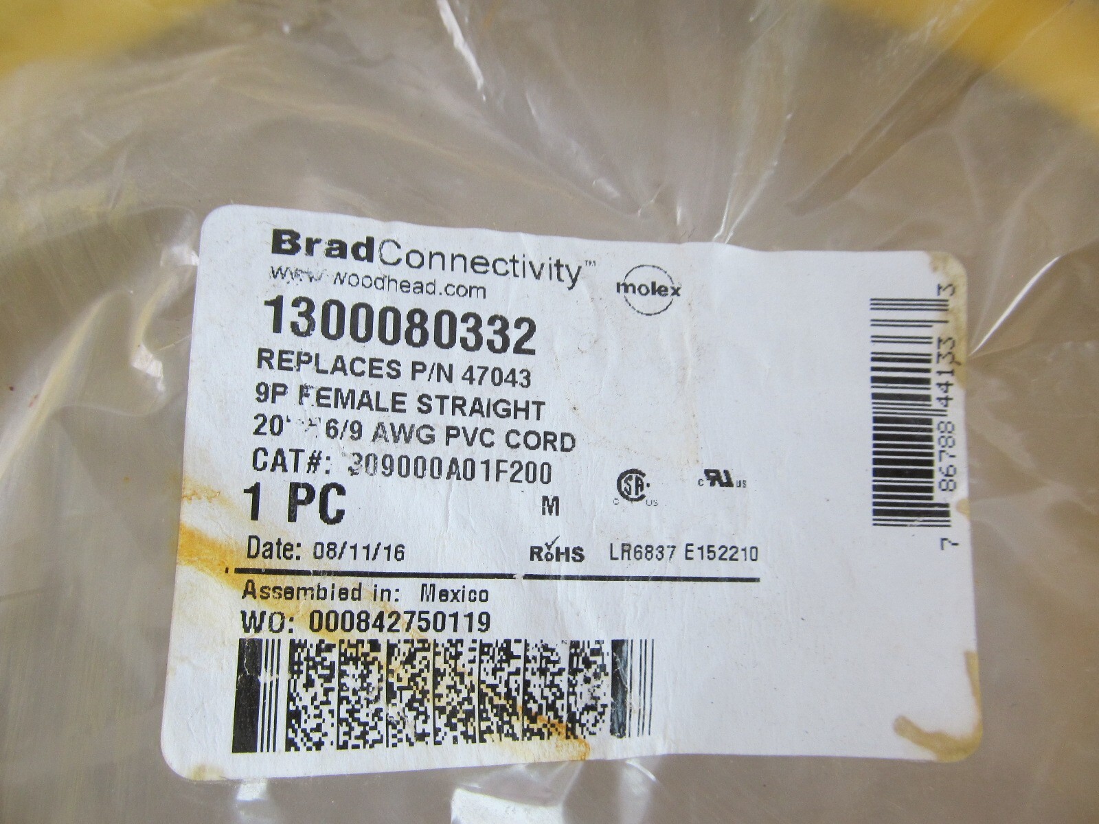 Brad / WOODHEAD 309000A01F200 REPLACES P/N 47043 9P FEMALE STRAIGHT 20′ CORD New