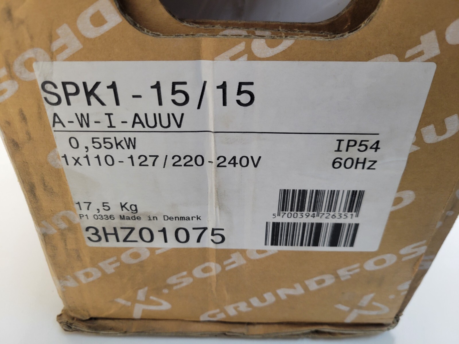 USED! GRUNDFOS .55kW 1X110-127/220-240V PUMP 3HZ01075 SPK1-15/15 80A2-19FT100-B