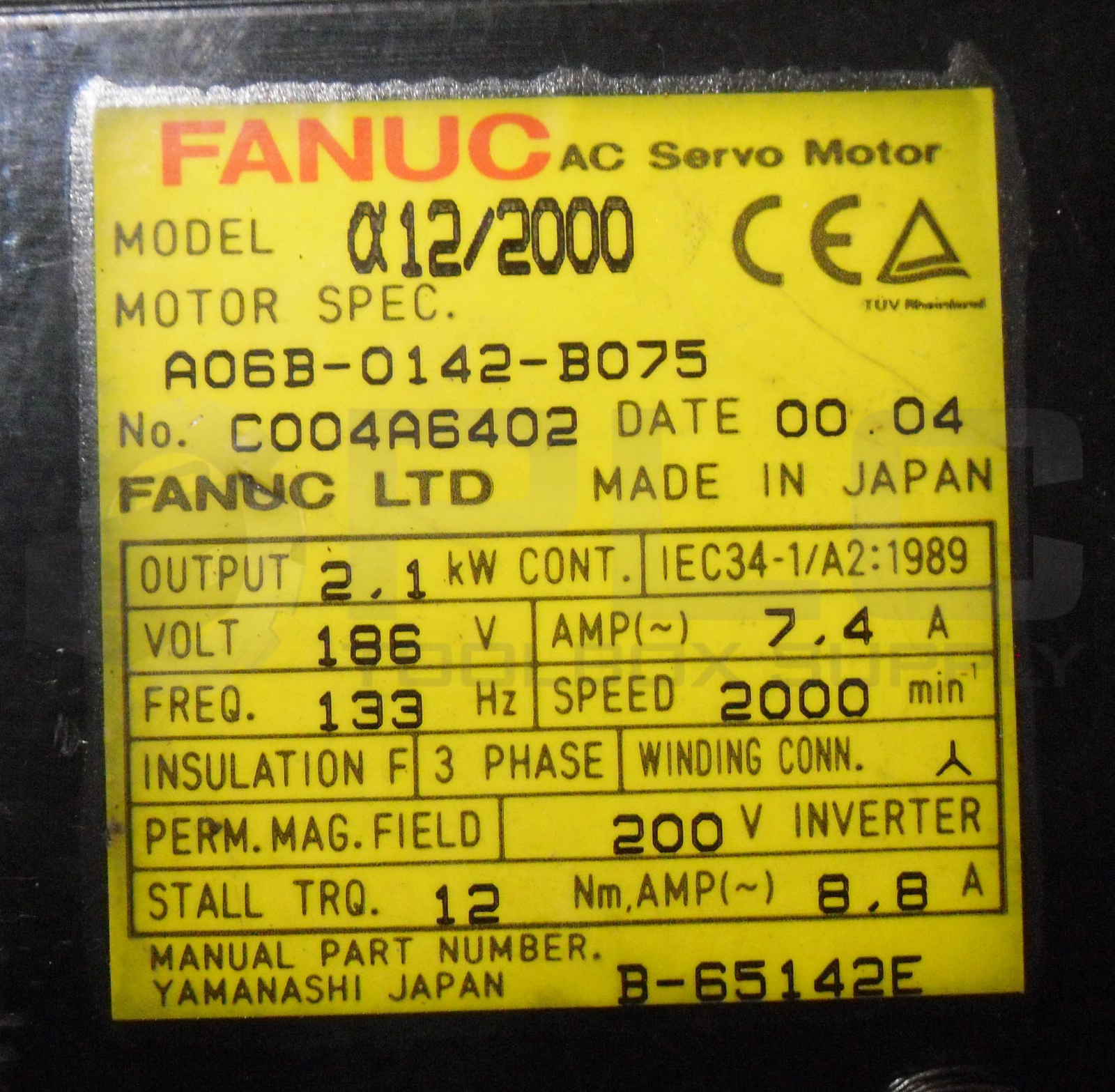 FANUC A06B-0142-B075 AC SERVO MOTOR 186V 7.4A 133HZ 3PH A22/1500