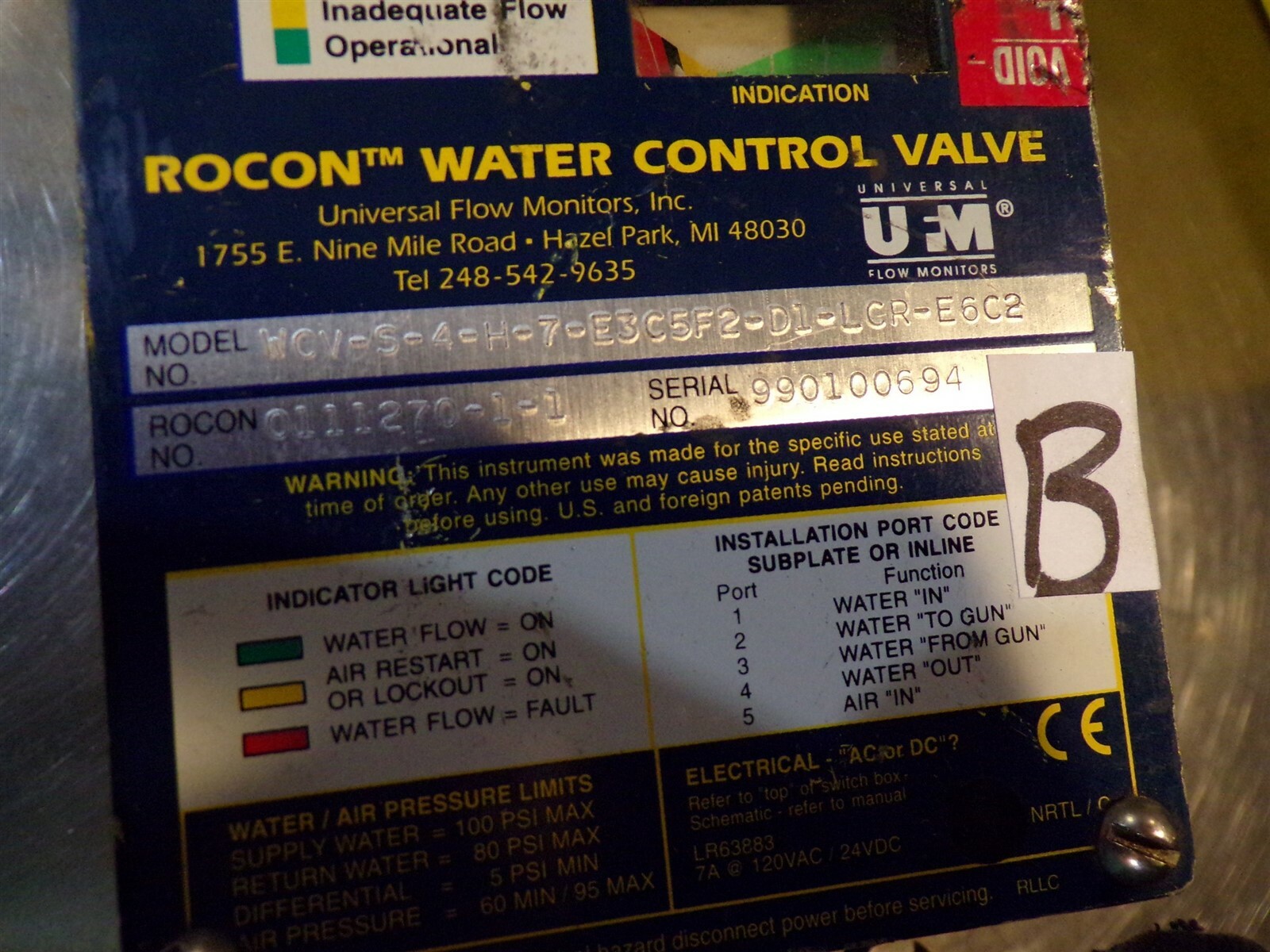 Rocon UFM WCV-S-4-H-7-E3C5F2-D1-LCR-E6C2 Water Control Valve “B” *FREE SHIPPING*