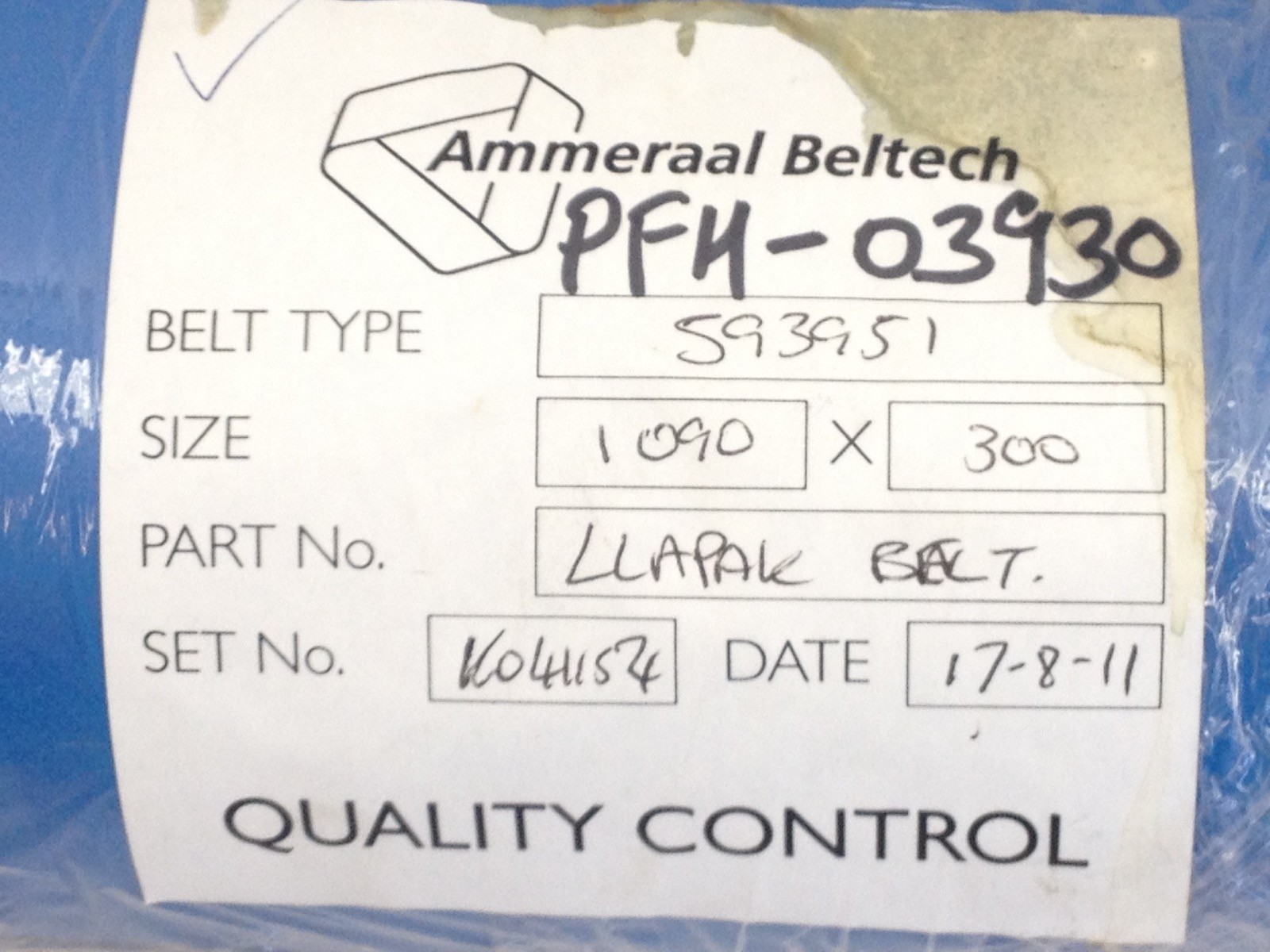AMMERAAL BELTECH PFM-03930 CONVEYOR BELT TYPE: 593951 BLUE 1090 X 300 (TOL)