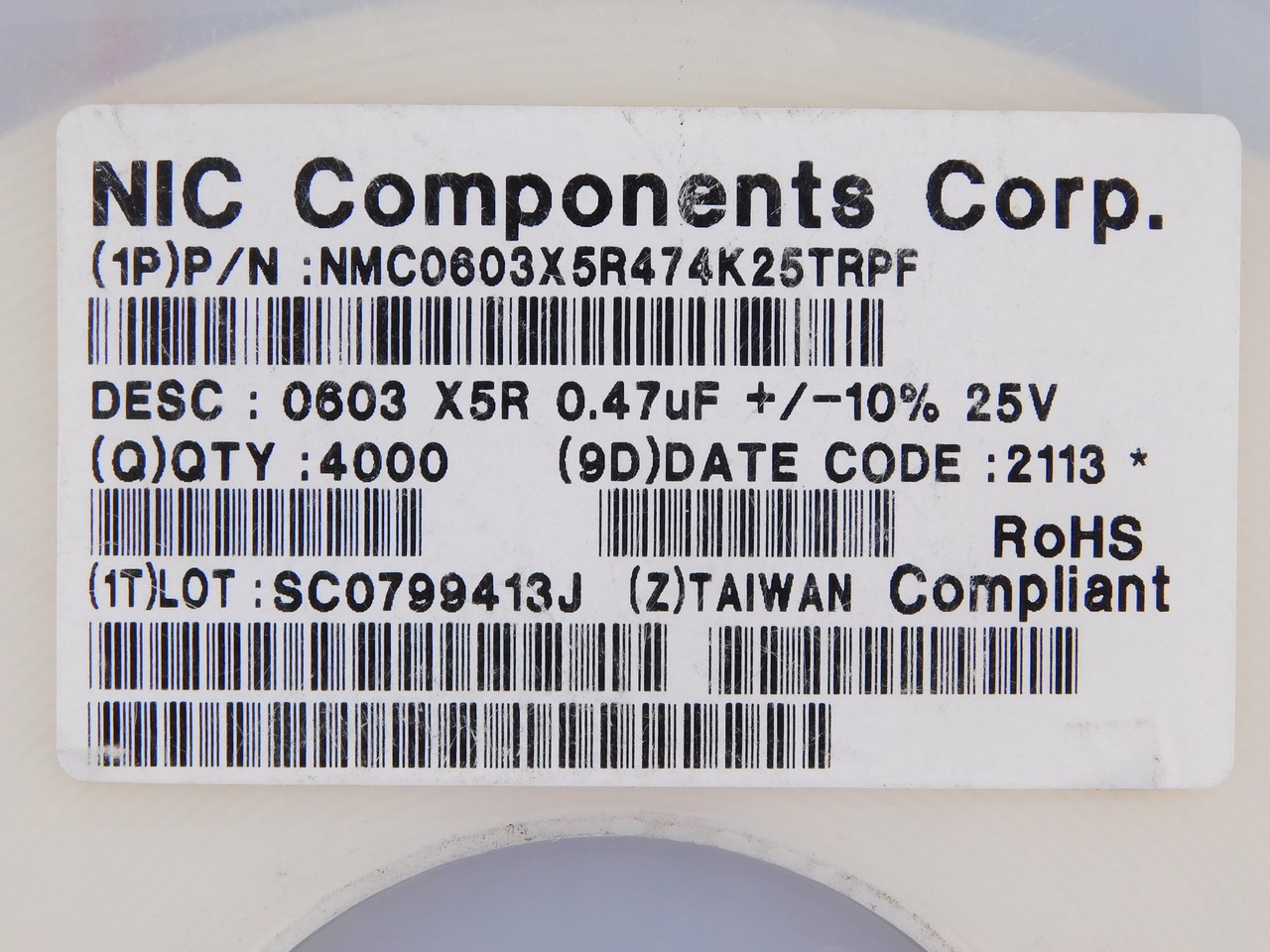 Lot of 2000 NIC COMPONENTS NMC0603X5R474K25TRPF 0603 X5R 0.47uF +/-10% 25V