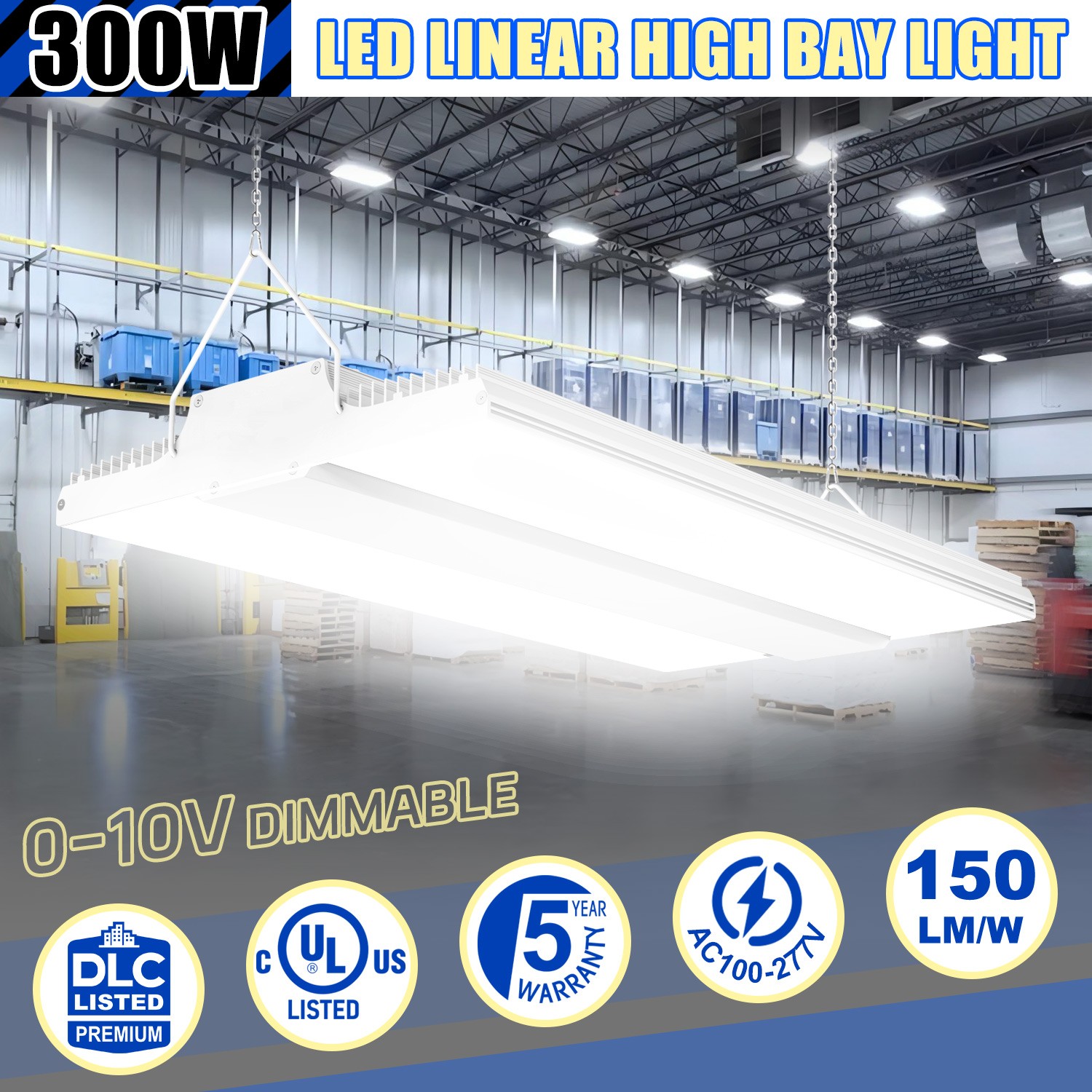 300W LED Linear High Bay Shop Light 45,000lm Commercial Warehouse Lighting 5000K