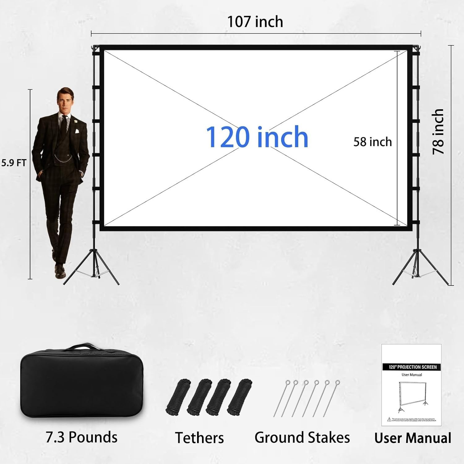 Portable 120″ Outdoor Projector Screen with Aluminum Stand & Carry Bag – Foldabl