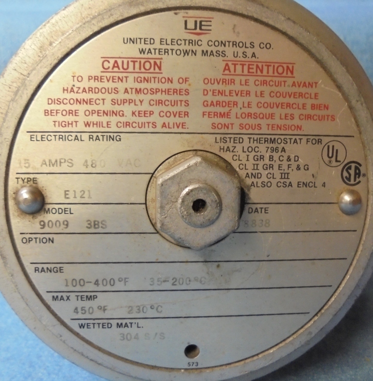 UE UNITED ELECTRIC, TEMPERATURE CONTROL, E121 9009 3BS, 15 AMP, 480 VAC