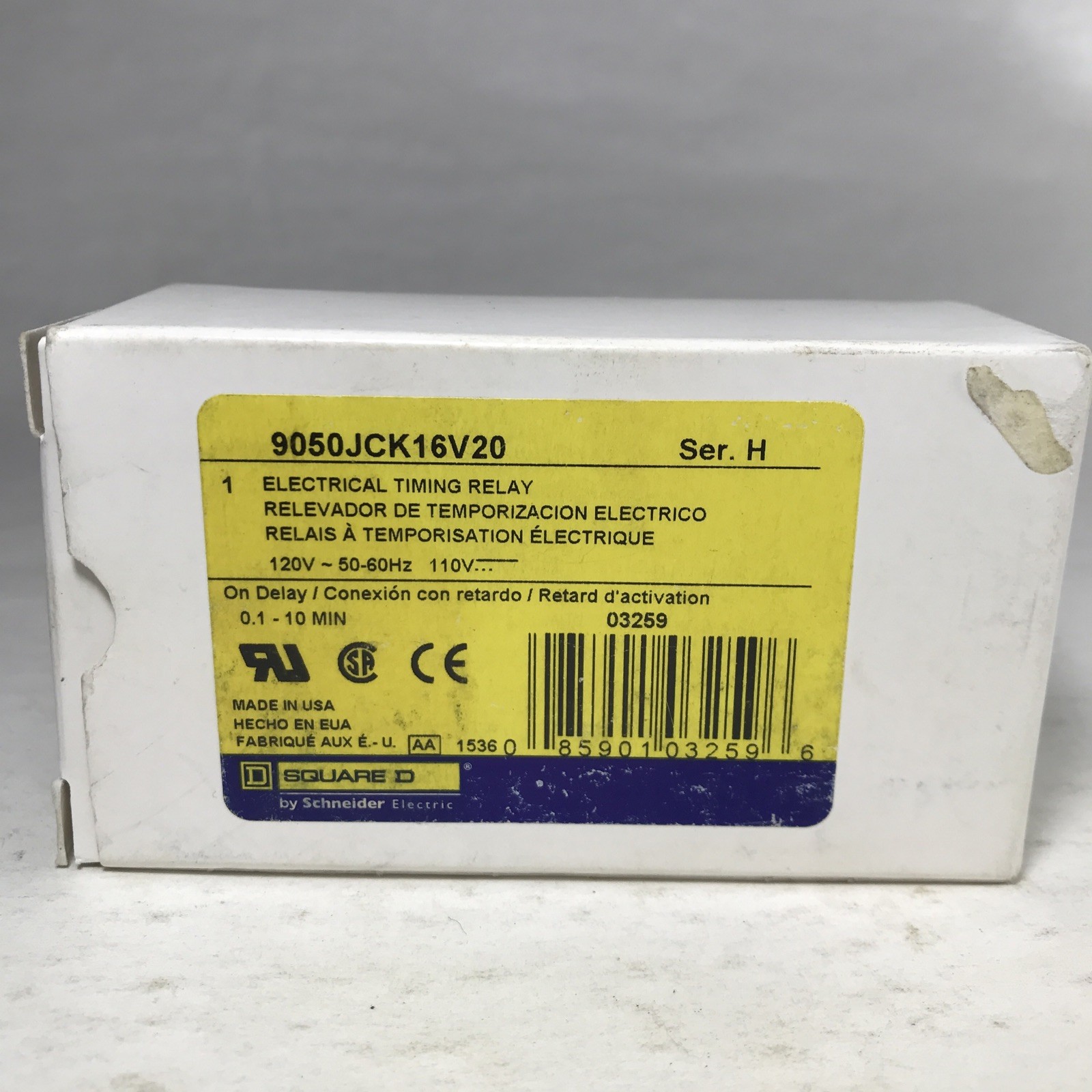 SQUARE D 9050JCK16V20 ELECTRICAL TIMING RELAY 0.1-10MIN Ser H On Delay 120v