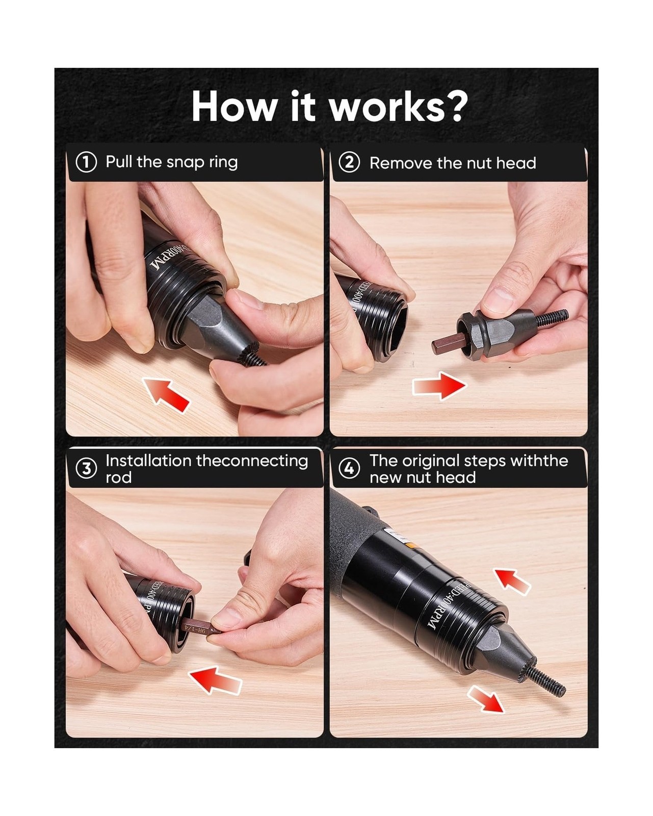 Air Rivet Nut Gun – 4 Sizes – For 10-24 to 3/8in – w/ Nozzles