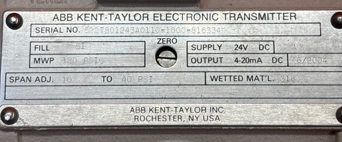 ABB KENT-TAYLOR ELECTRONIC PRESSURE TRANSMITTER, 522TB01243A00110-1000-804223
