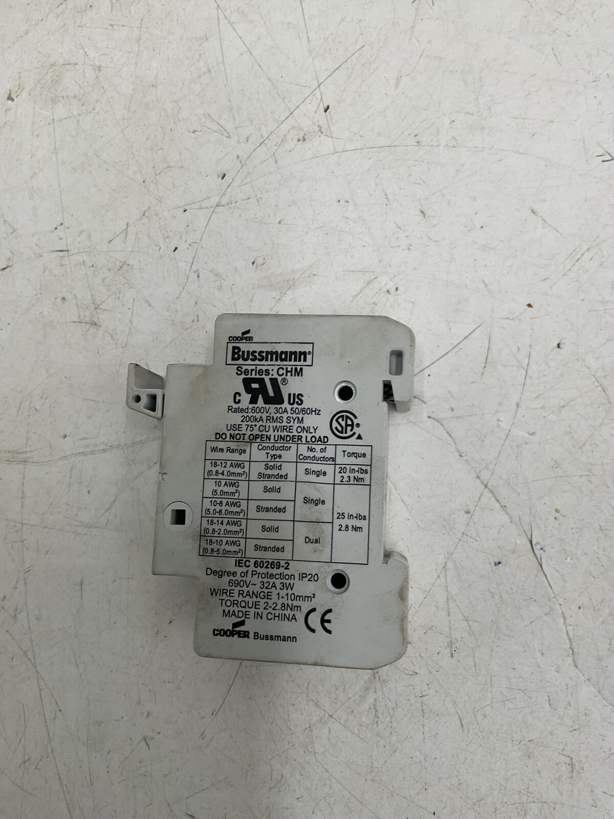 COOPER BUSSMANN SER.CHM 600V 30A 50/60HZ 200KA RMS SYM IEC 60269-2 3W