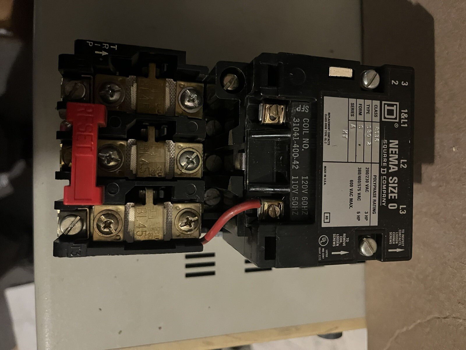 Square D Nema Size 0 Class 8536, Type SB0-2, 600V 120V Coil Used Good Condition