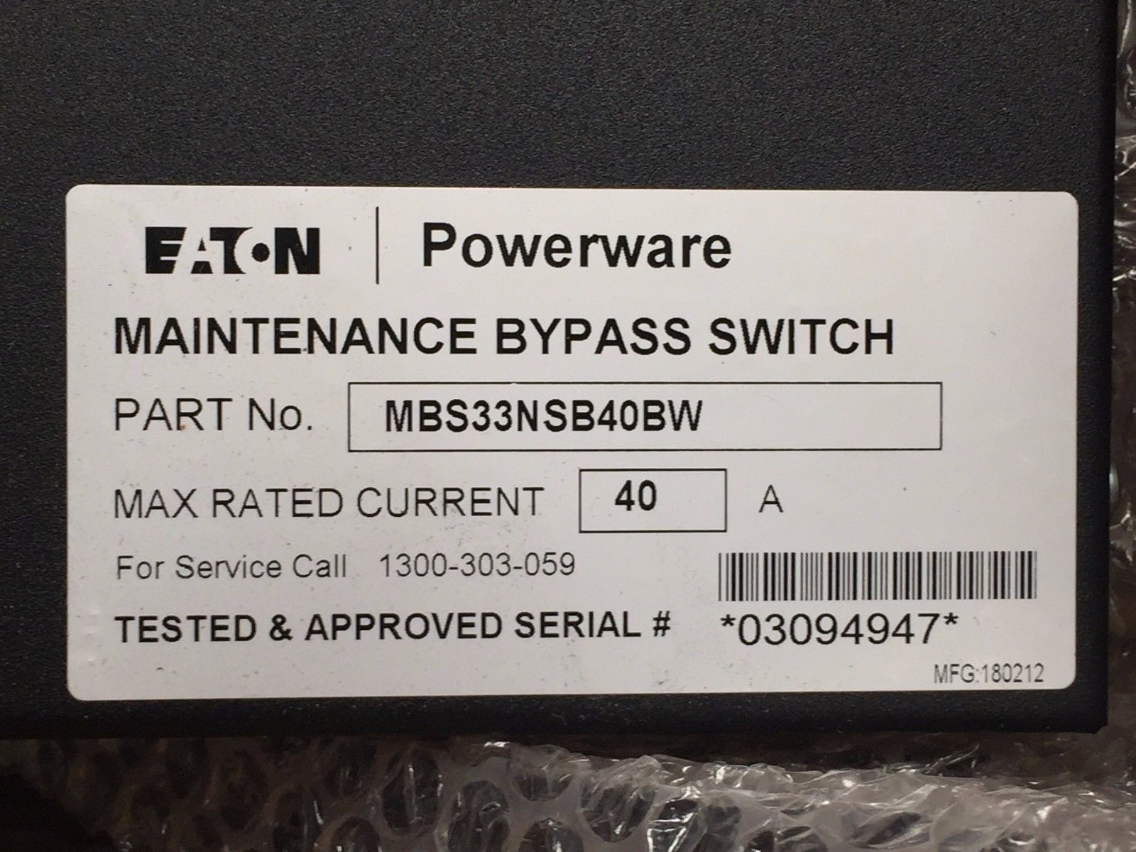 Eaton MBS33NSB40BW UPS Hardwired Maintenance Bypass Switch 40A 3-3PH Bottom Wire