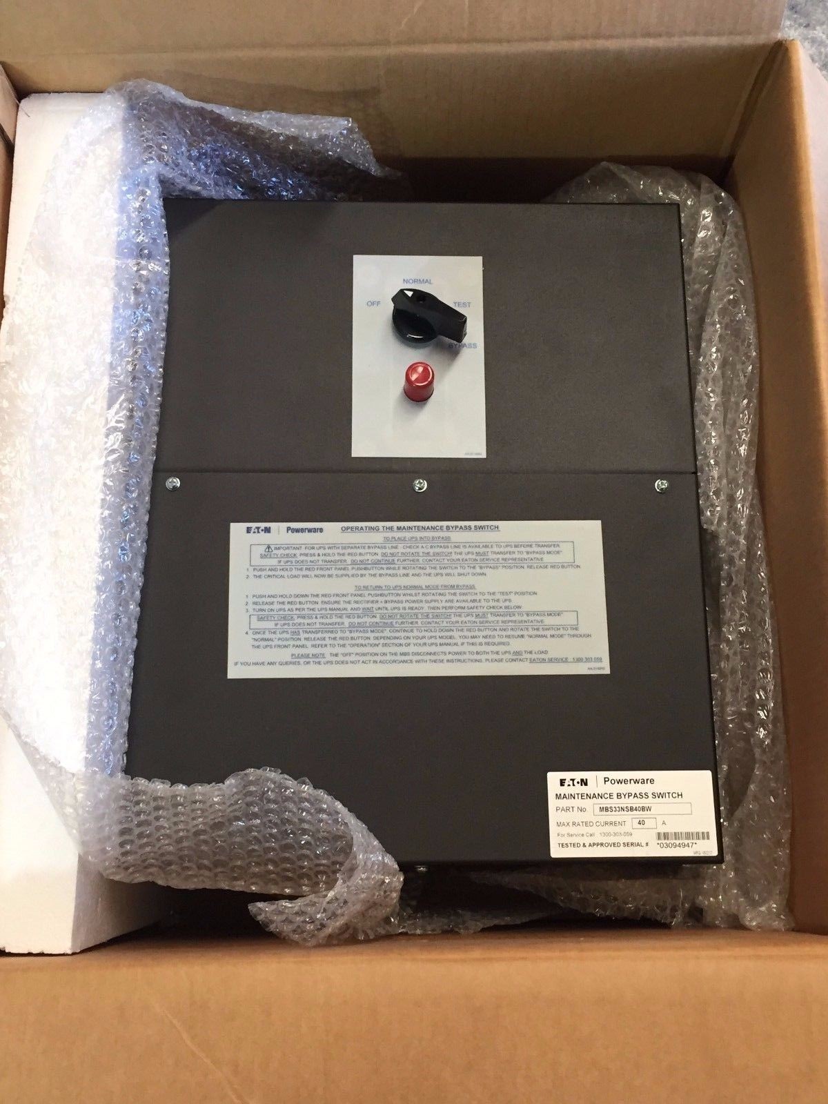 Eaton MBS33NSB40BW UPS Hardwired Maintenance Bypass Switch 40A 3-3PH Bottom Wire