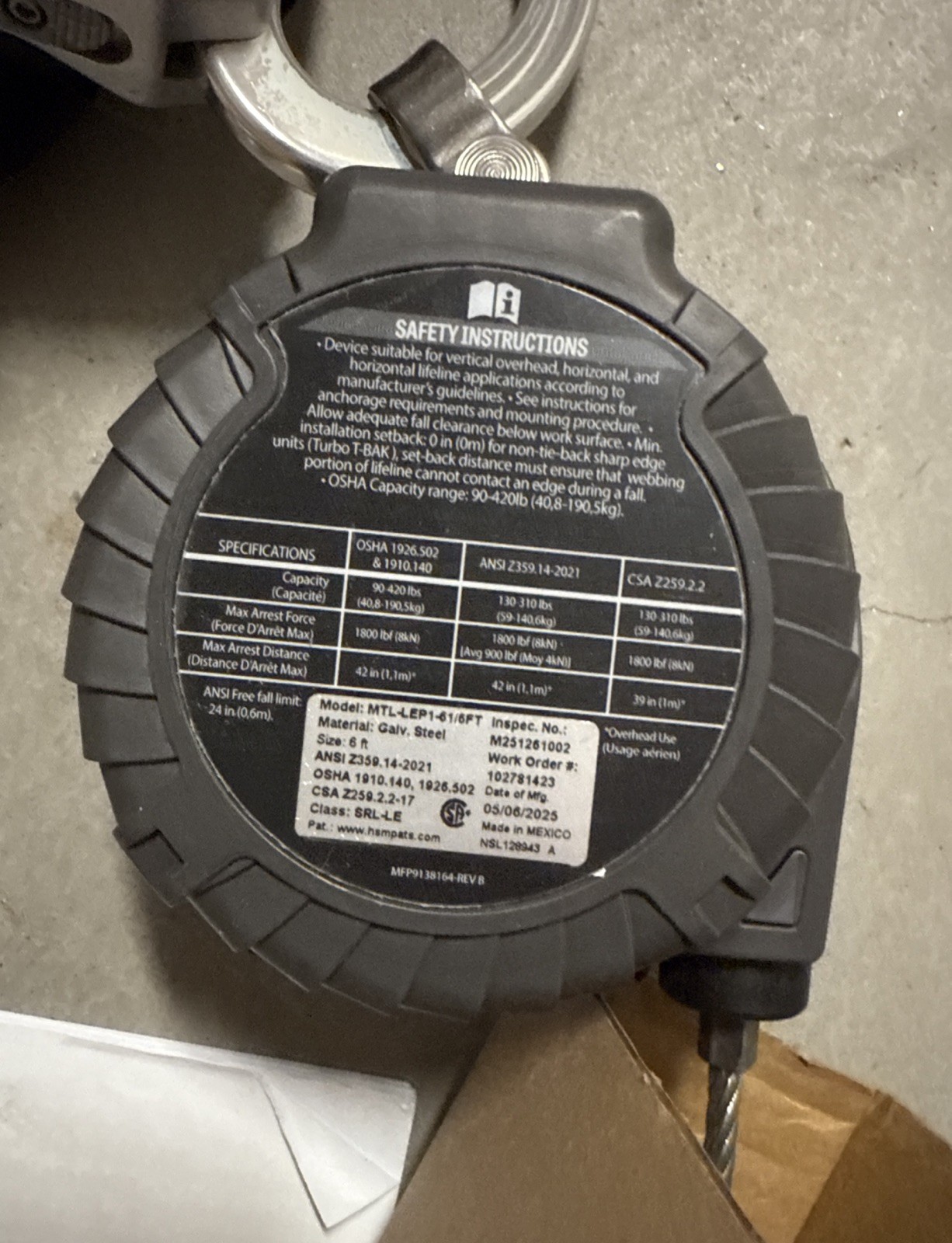 Honeywell Miller MTL-LEP1-61/6FT Turbolite+ Edge Cable W/ Steel Locking Snap Hoo