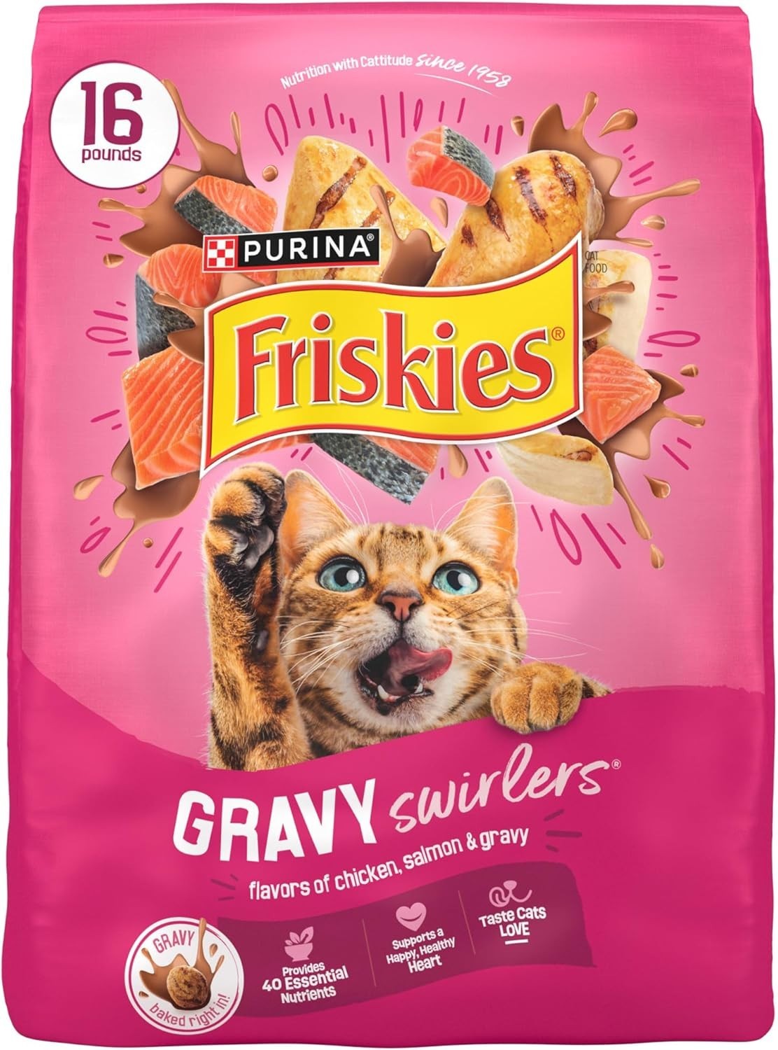 Friskies Gravy Swirlers Chicken & Salmon Flavor Dry Cat Food, 16-lb, 4 PACK
