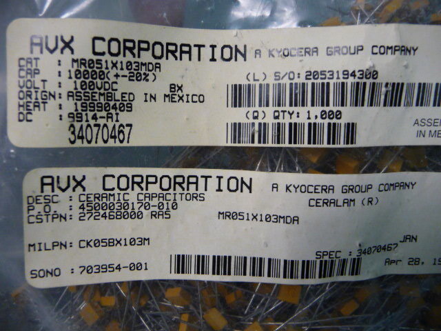 AVX CK05BX103M Qty of 1000 per Lot CAPFXD 0.01UF 100VDC