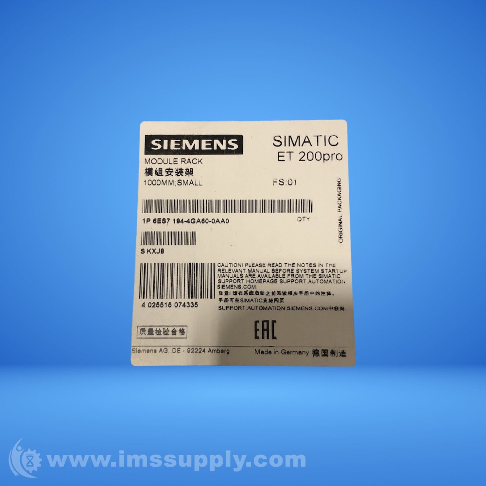 Siemens 1P 6ES7 194-4GA80-0AA0 Module Rack FNOB