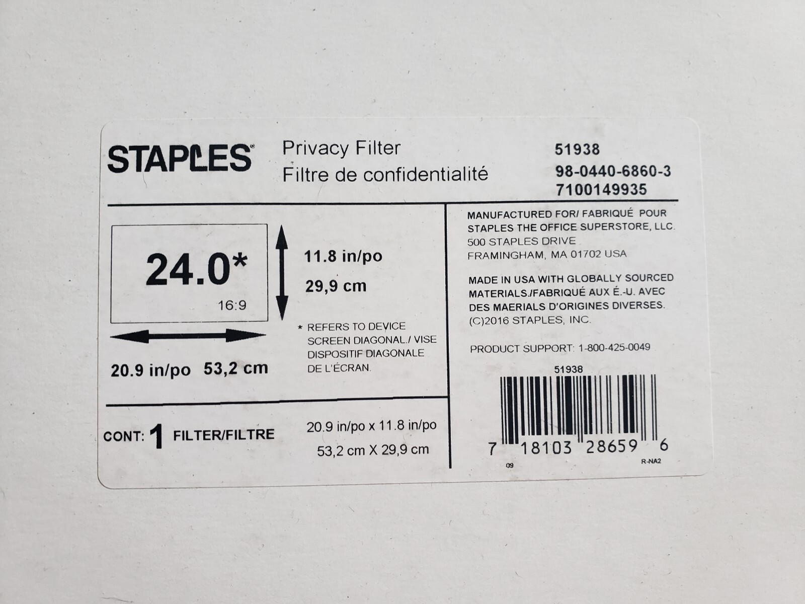 NEW~Staples (#51938)~Privacy Filter~24″ WS Monitors (16:9)~MSRP:$97.99 
