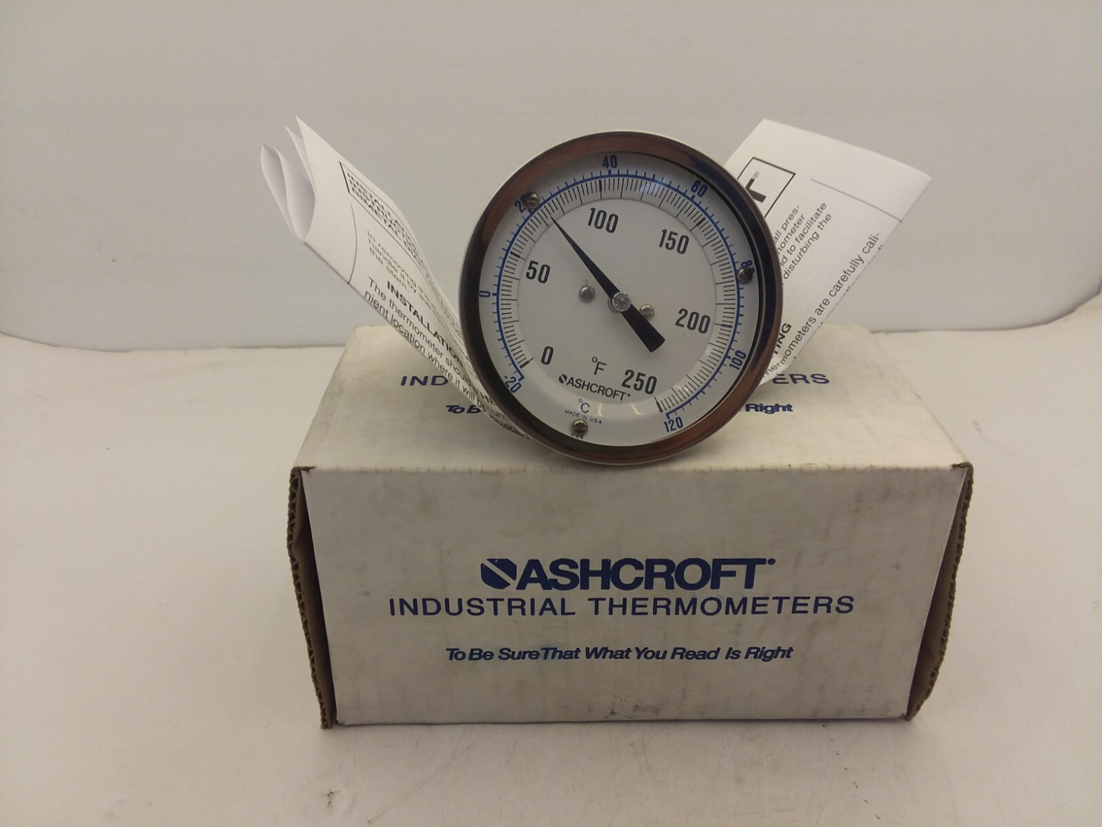 ASHCROFT DIAL THERMOMETER 3.25” STEM 3″ FACE BI-METAL THEROMETER 0-250F NIB