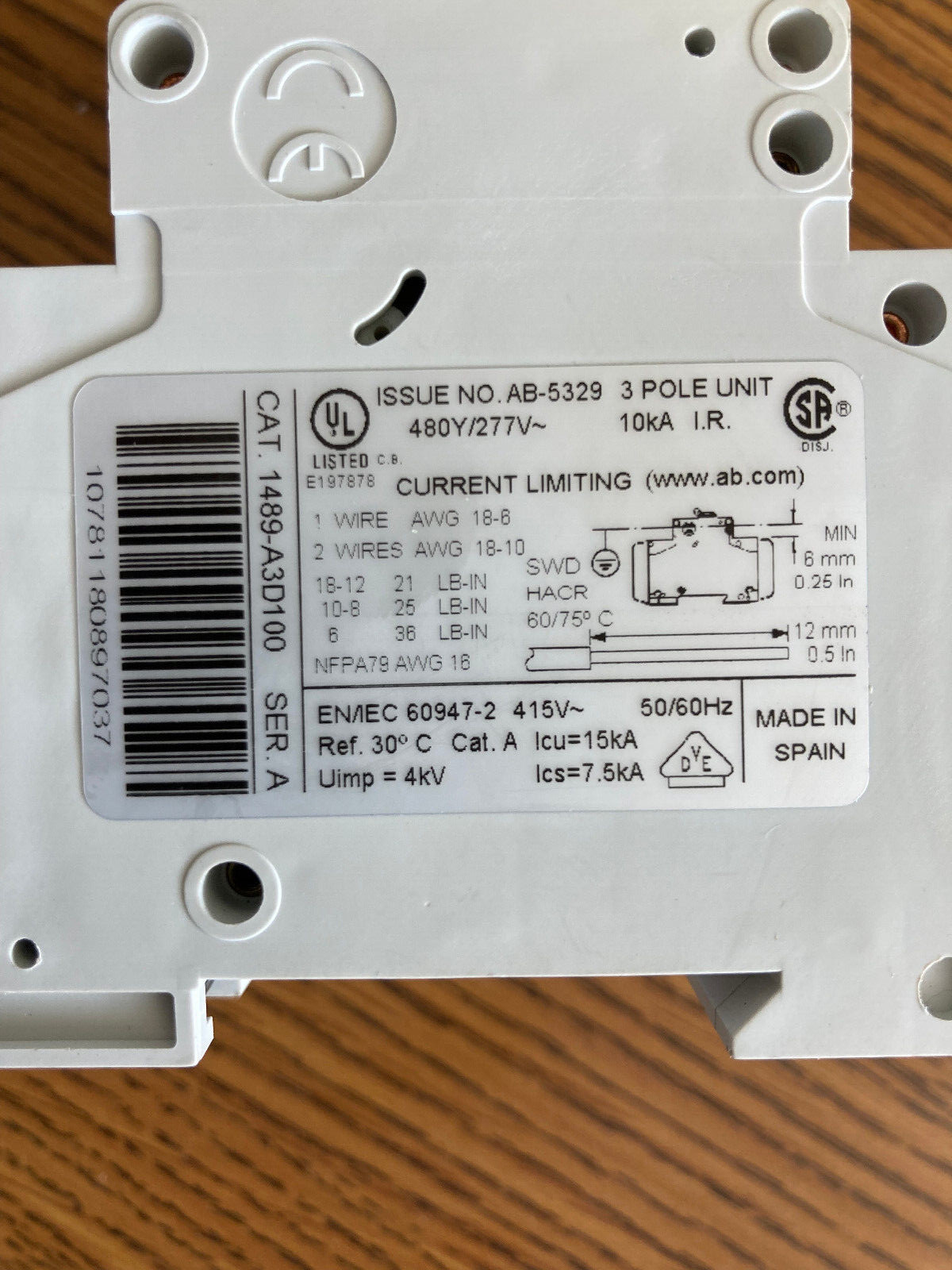 Allen-Bradley 1489-A3D100 Miniature Circuit Breaker 3-Pole, 10A, 480Y/277V A-BAB