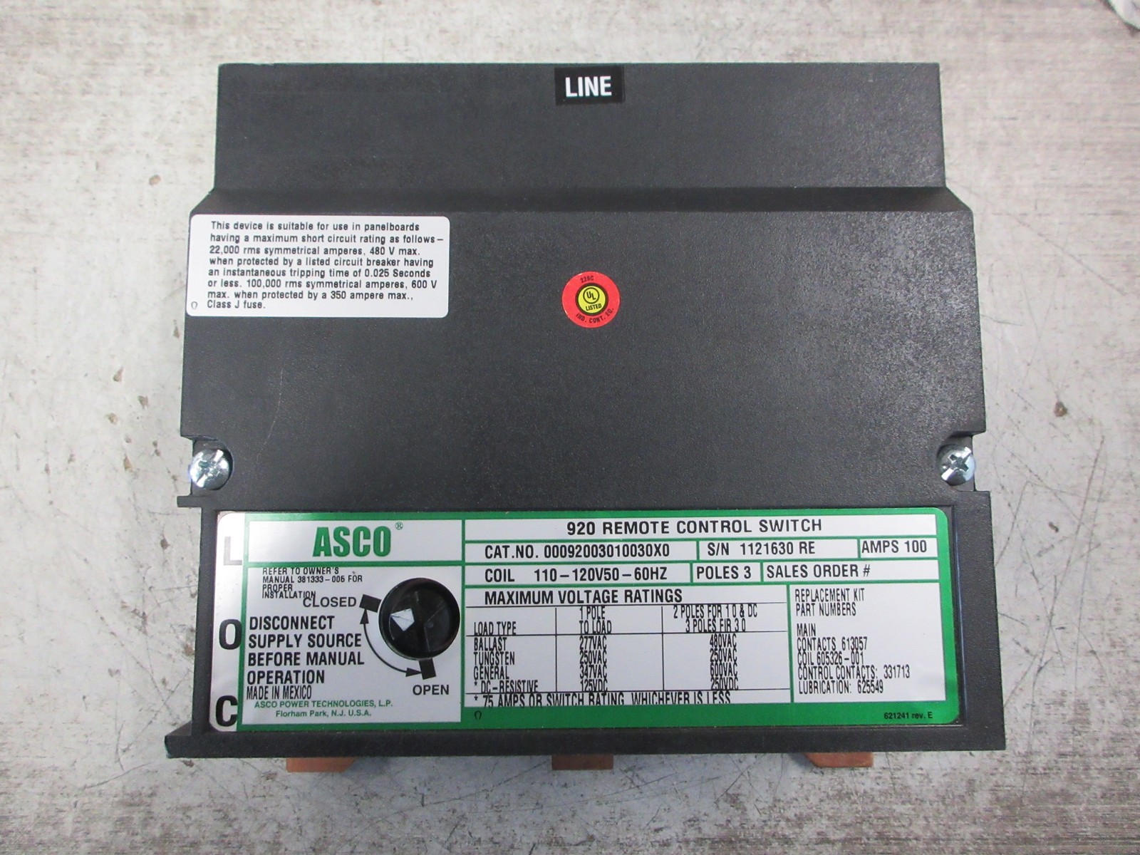 ASCO 920 Remote Control Switch 00092003010030X0 100A 110-120V Coil 3P 600V Used
