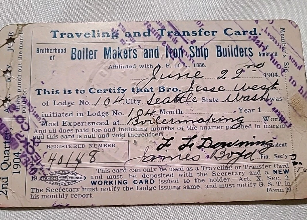 International Brotherhood Of Boilermakers, Iron Ship Builders Service Card 1904