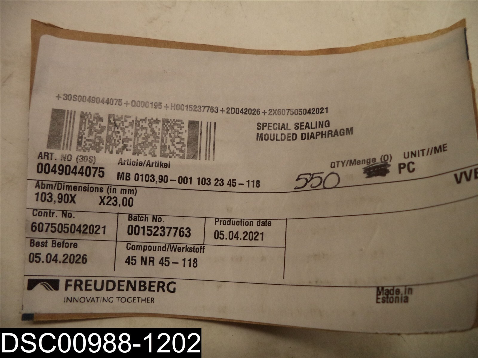 Qty=550: 0049044075 Freudenberg Special Sealing Moulded Diaphragm 103,90X