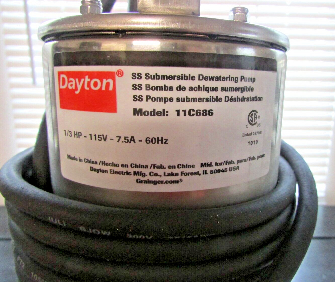 Dayton 11C686 Submersible Dewatering Pump 1/3HP 115V 75A 60Hz