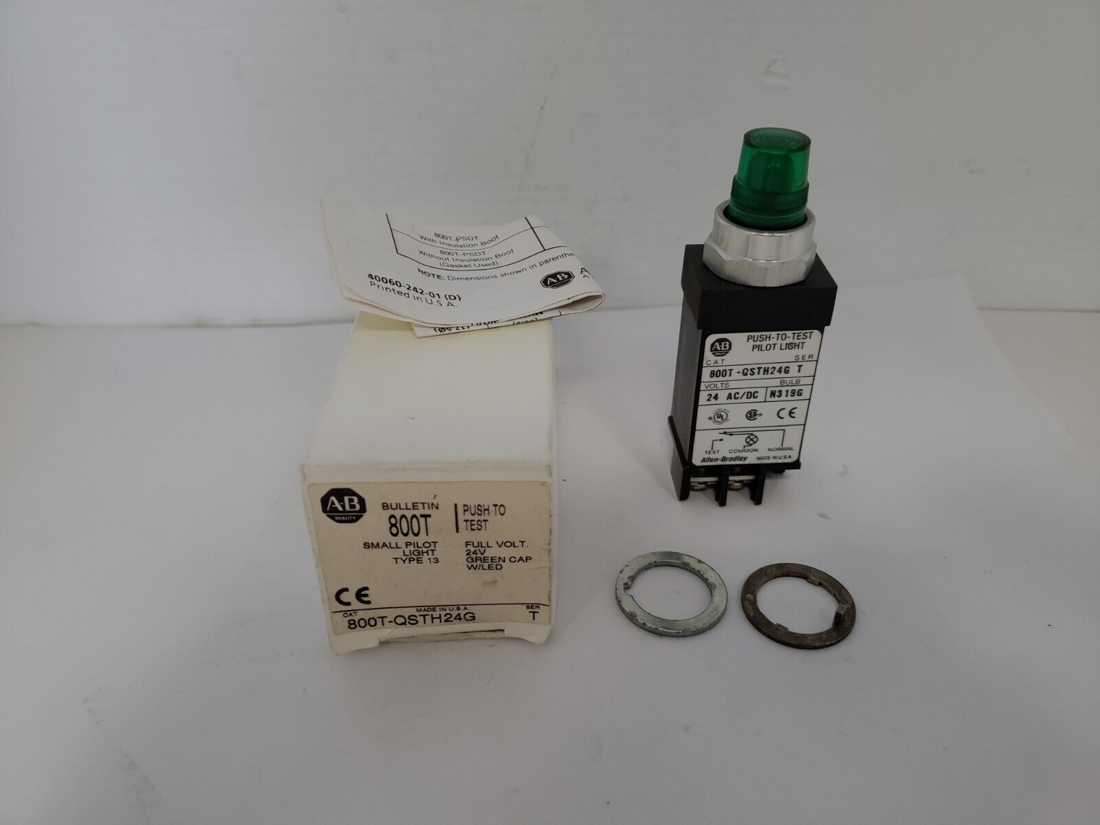 ALLEN BRADLEY 800T-QSTH24G PILOT LIGHT PUSH TO TEST GREEN CAP W/LED SERIES T NIB