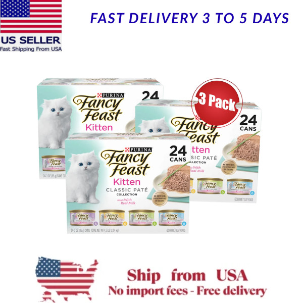3 Pack Fancy Feast Kitten Grain Free Pate Wet Cat Food 3 oz 24 Ct Variety Pack
