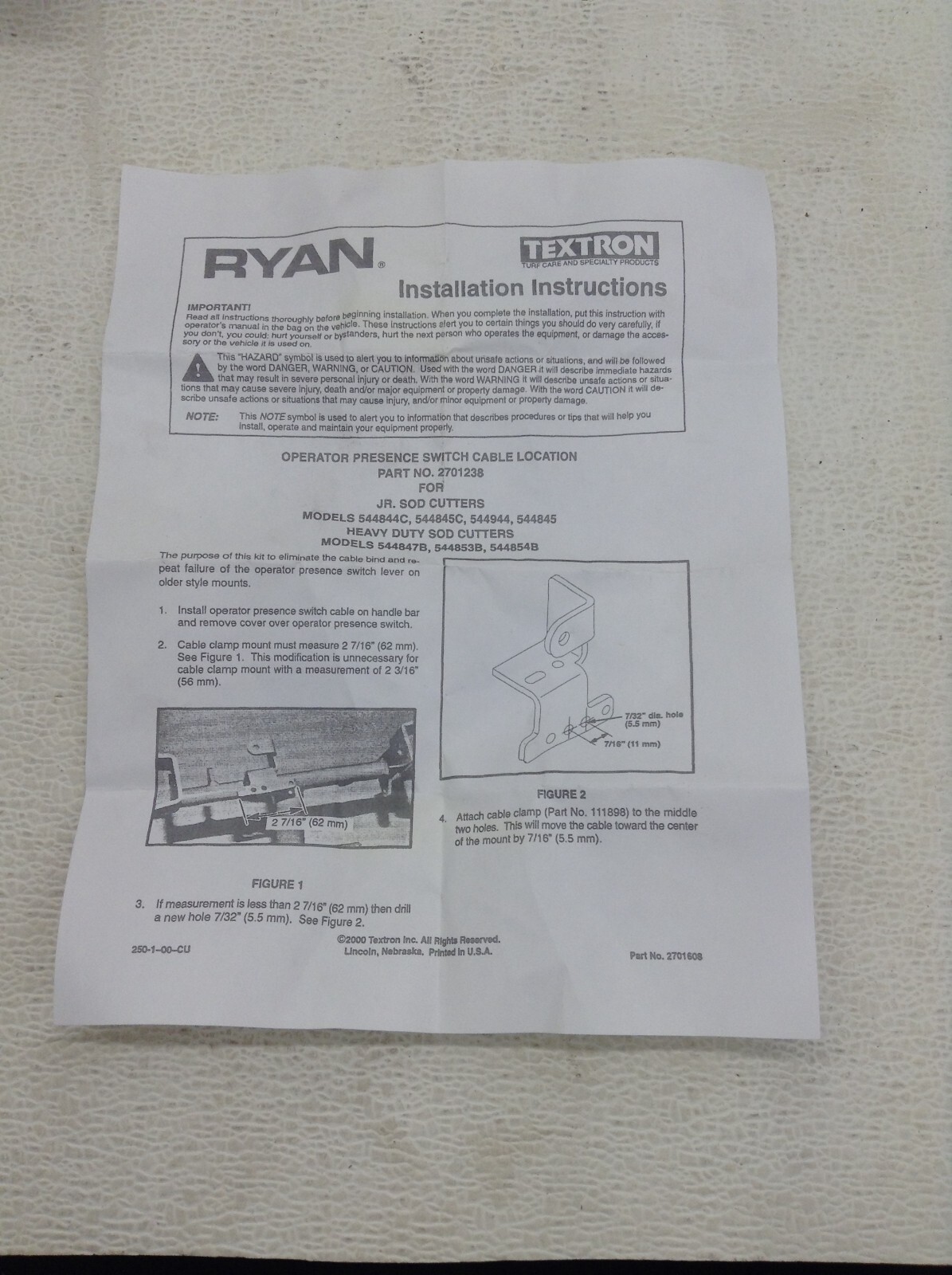 Textron Ryan 2701238 Operator Presence Switch Cable 2701608 New (TSC)